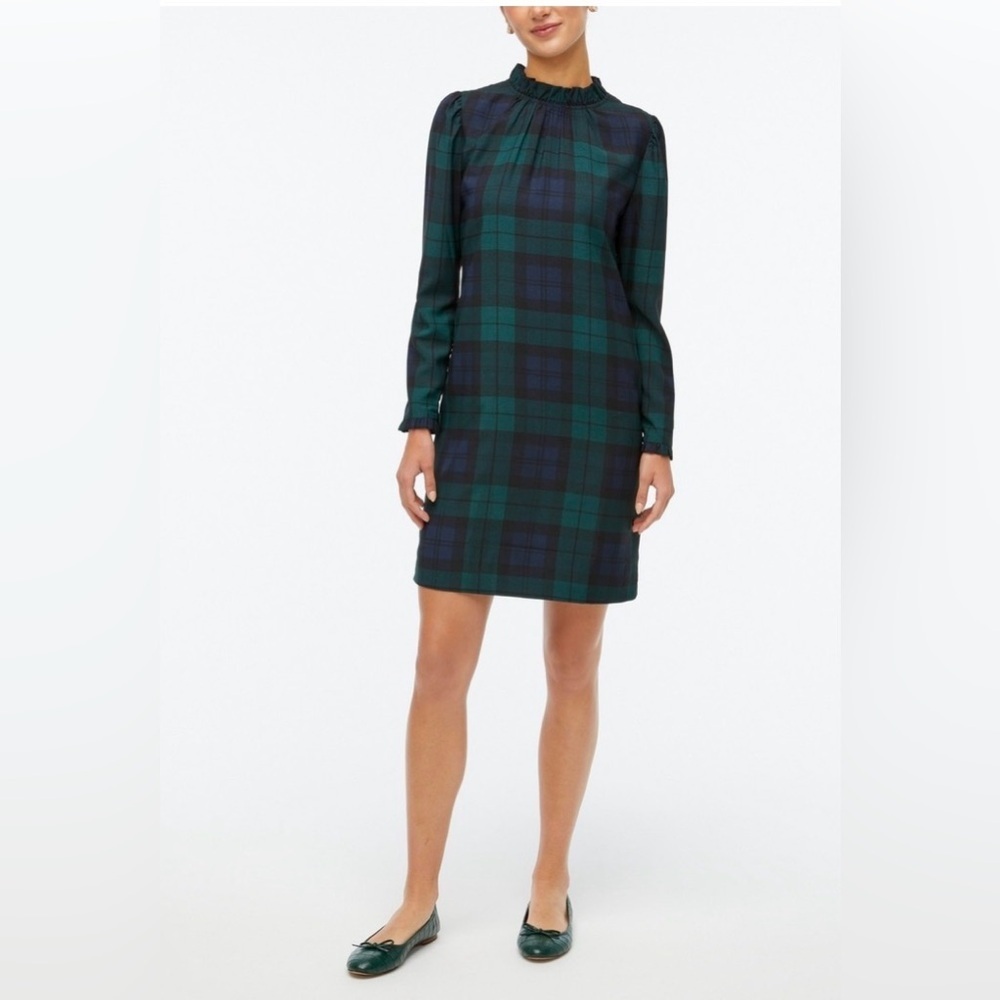 NEW J. Crew Green and Blue Plaid Dress Mockneck Ruffles Tartan Holiday size 6